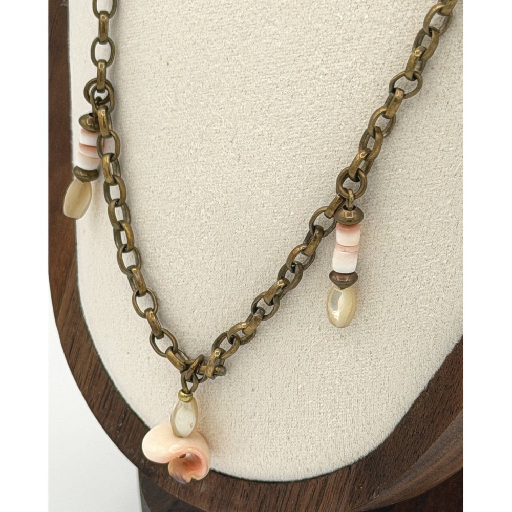 Marjorie Baer SF Shell Charm Chain Necklace Antiqued Brass Tone Boho - Picture 4 of 9
